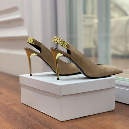 BALMAIN 26S SLINGBACK 95 MM IN LIGHT BROWN SUEDE WITH GOLD HARDWARE