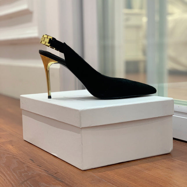 BALMAIN 26S SLINGBACK 95 MM IN BLACK SUEDE WITH GOLD HARDWARE