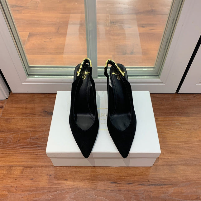 BALMAIN 26S SLINGBACK 95 MM IN BLACK SUEDE WITH GOLD HARDWARE