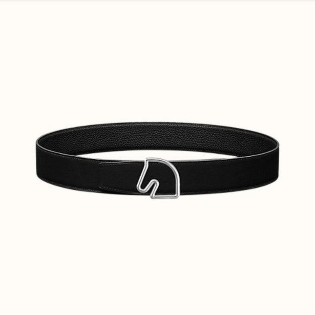 BOUCLE BELT BUCKLE & REVERSIBLE BLACK AND WHITE LEATHER STRAP 38MM SILVER HARDWARE