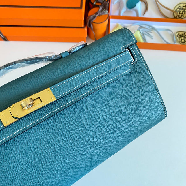 KELLY CUT 31 IN AZURE BLUE CALFSKIN WITH GOLD HARDWARE