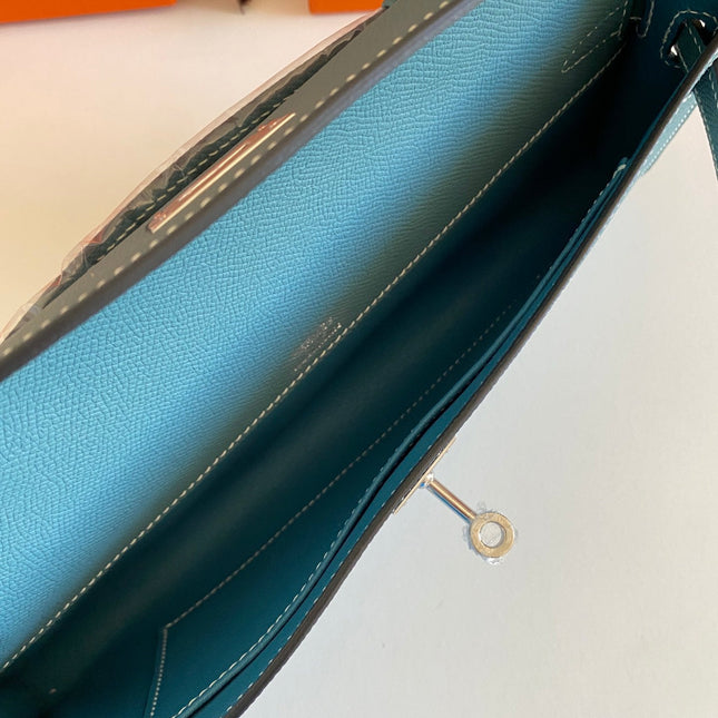 KELLY CUT 31 IN AZURE BLUE CALFSKIN WITH SILVER HARDWARE