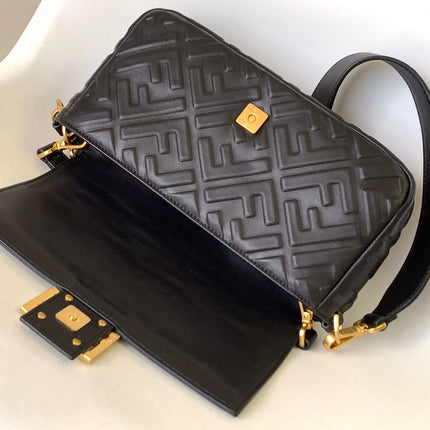 Fend Baguette 27 Bag With FF Motif Black Leather Ghw