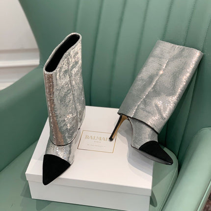 BALMAIN 26S BOOTS 105 MM IN SILVER GLITTER AND BLACK SUEDE