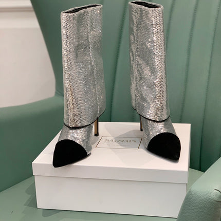 BALMAIN 26S BOOTS 105 MM IN SILVER GLITTER AND BLACK SUEDE