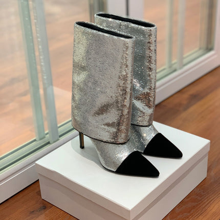 BALMAIN 26S BOOTS 105 MM IN SILVER GLITTER AND BLACK SUEDE