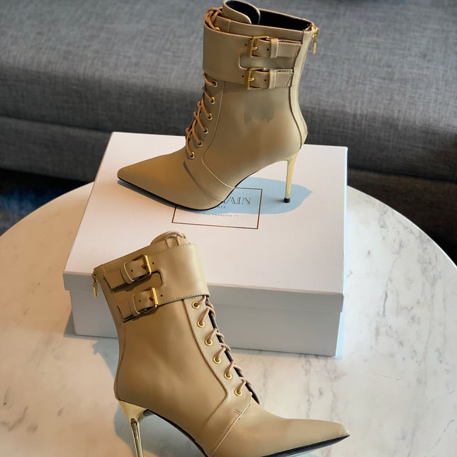 BALMAIN 26S LACE-UP ANKLE BOOTS 105 MM IN BEIGE CALFSKIN