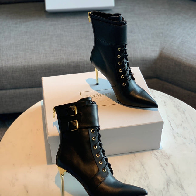 BALMAIN 26S LACE-UP ANKLE BOOTS 105 MM IN BLACK CALFSKIN