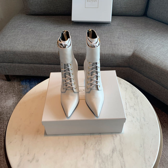 BALMAIN 26S LACE-UP ANKLE BOOTS 105 MM IN WHITE CALFSKIN