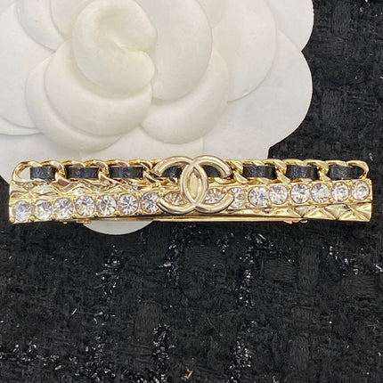 CHANEL 26S DOUBLE C LOGO CRYSTAL & CHAIN BAR HAIR CLIP IN GOLD METAL 629929