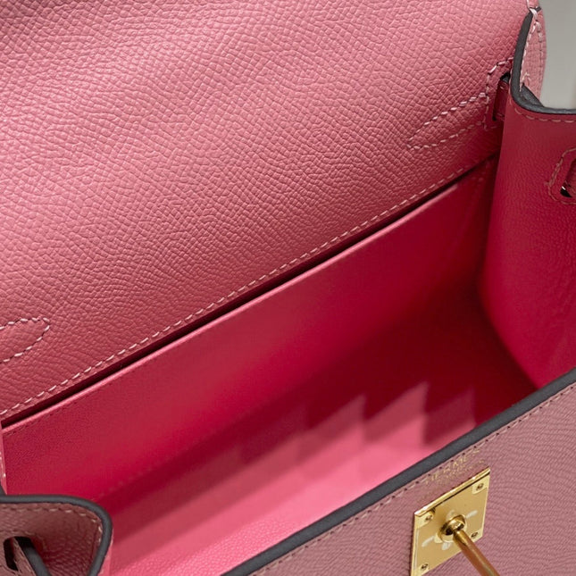 KELLY MINI 20 BAG IN ROUGE PINK CALFSKIN WITH GOLD HARDWARE