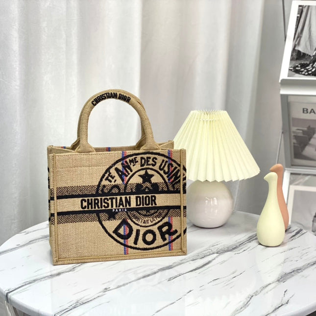 SHOPPING BAG 26 IN BEIGE AND BLACK EMBROIDERED CANVAS