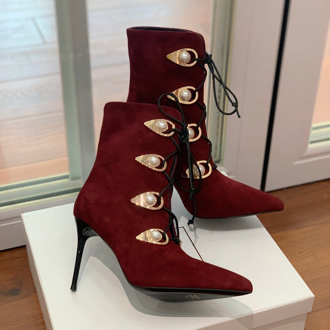 BALMAIN 26S BOOT 95 MM IN DARK RED SUEDE PEARL BUTTON