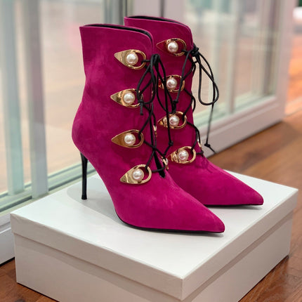 BALMAIN 26S BOOT 95 MM IN DARK PINK SUEDE PEARL BUTTON