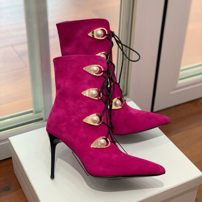 BALMAIN 26S BOOT 95 MM IN DARK PINK SUEDE PEARL BUTTON