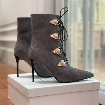 BALMAIN 26S BOOT 95 MM IN CHARCOAL GREY SUEDE PEARL BUTTON