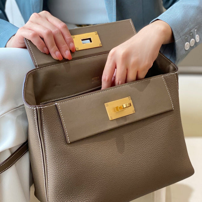 MINI 24/24 29CM IN TOGO ETOUPE EVERCOLOR CALFSKIN GOLD KELLY BUCKLE