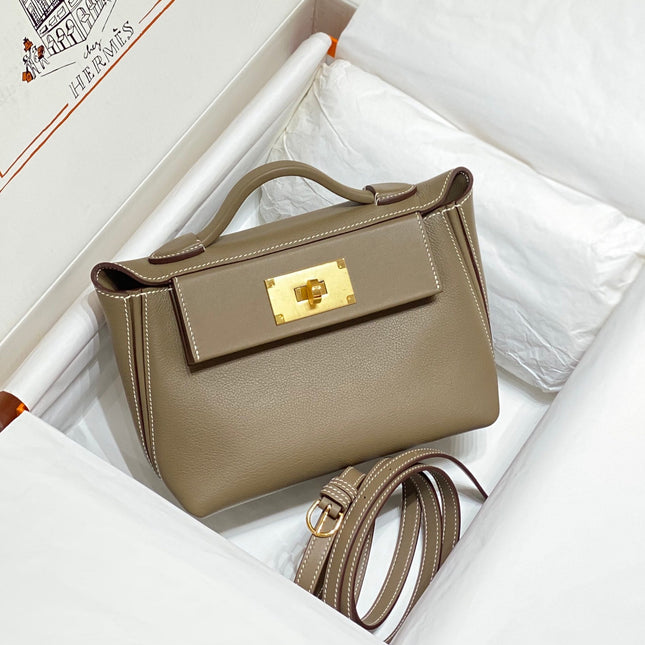 MINI 24/24 21CM IN TOGO ETOUPE EVERCOLOR CALFSKIN GOLD KELLY BUCKLE