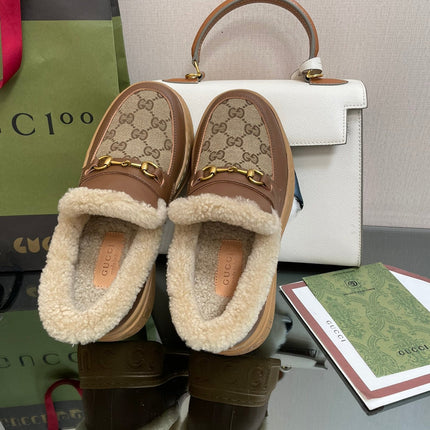 GG LOAFER IN PEANUT BROWN JACQUARD AND CHOCOLATE BROWN CALFSKIN WITH BEIGE WOOL LINING