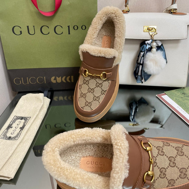 GG LOAFER IN PEANUT BROWN JACQUARD AND CHOCOLATE BROWN CALFSKIN WITH BEIGE WOOL LINING