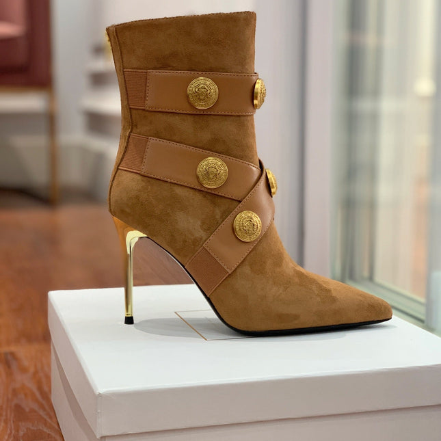 BALMAIN 26S BOOT 105 MM IN BROWN SUEDE WITH GOLD HARDWARE