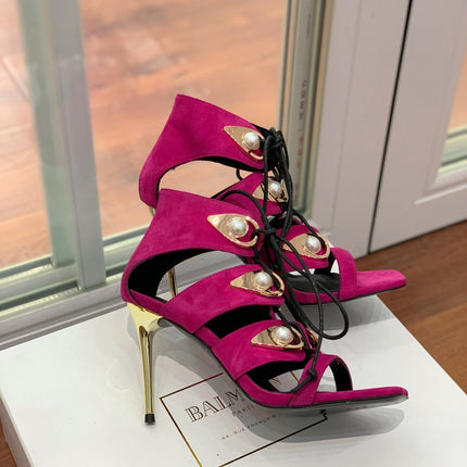 BALMAIN 25S HIGH HEELS 95MM IN FUCHSIA SUEDE WITH PEARL