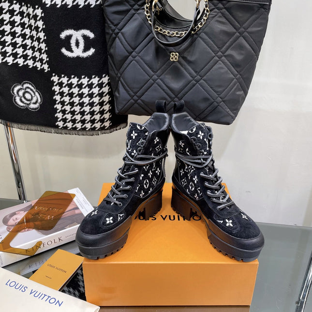 LAUREATE PLATFORM BOOTS IN BLACK MIX WHITE SUEDE AND MONOGRAM JACQUARD PATTERN