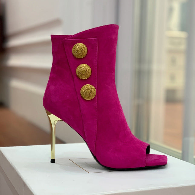 BALMAIN 26S OPEN-TOE BOOTS 95 MM IN DARK PINK SUEDE