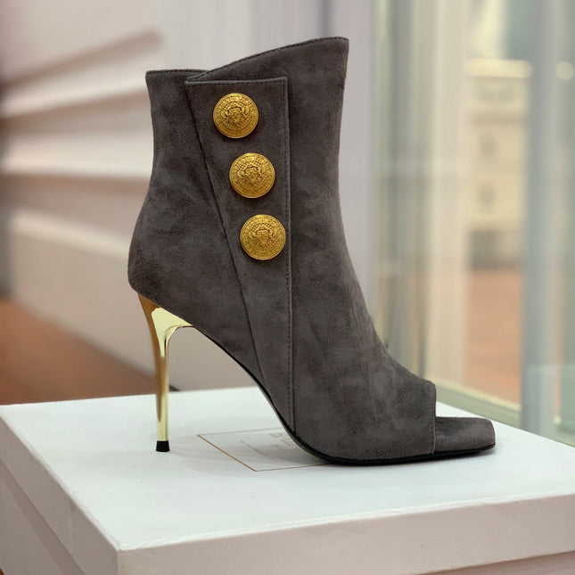 BALMAIN 26S OPEN-TOE BOOTS 95 MM IN GRAYISH BROWN SUEDE