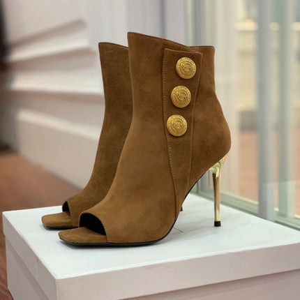BALMAIN 26S OPEN-TOE BOOTS 95 MM IN BROWN SUEDE
