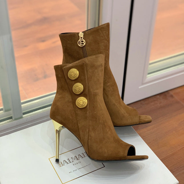 BALMAIN 26S OPEN-TOE BOOTS 95 MM IN BROWN SUEDE