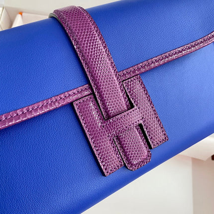 JIGE ELAN 29 CLUTCH IN COBALT BLUE CALFSKIN WITH VIOLET PURPLE LIZARD SKIN