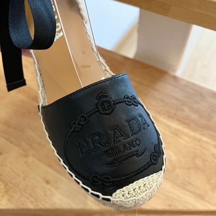 PRADA 26S ESPADRILLE HIGH HEEL SANDALS IN BLACK CALFSKIN