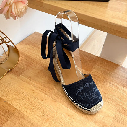 PRADA 26S ESPADRILLE HIGH HEEL SANDALS IN NAVY DENIM WITH LOGO