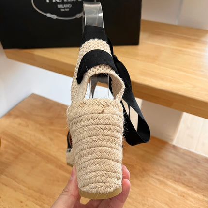 PRADA 26S ESPADRILLE HIGH HEEL SANDALS IN BLACK CANVAS WITH LOGO