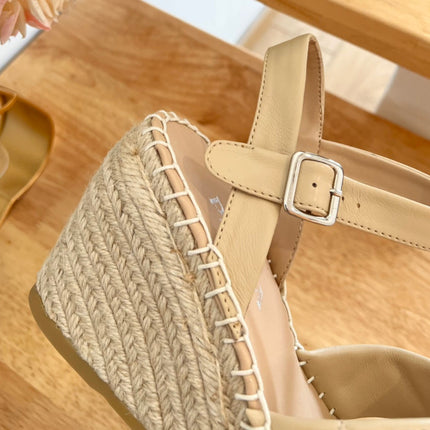 PRADA 26S CROSS STRAP ESPADRILLE WEDGE SANDALS IN BEIGE CALFSKIN