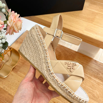 PRADA 26S CROSS STRAP ESPADRILLE WEDGE SANDALS IN BEIGE CALFSKIN