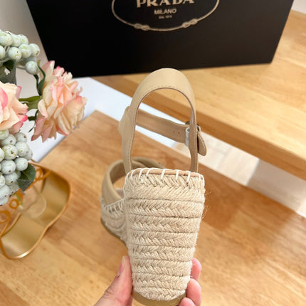PRADA 26S CROSS STRAP ESPADRILLE WEDGE SANDALS IN BEIGE CALFSKIN