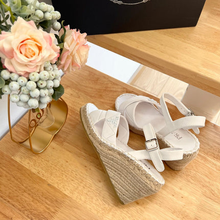 PRADA 26S CROSS STRAP ESPADRILLE WEDGE SANDALS IN CREAM WHITE CALFSKIN