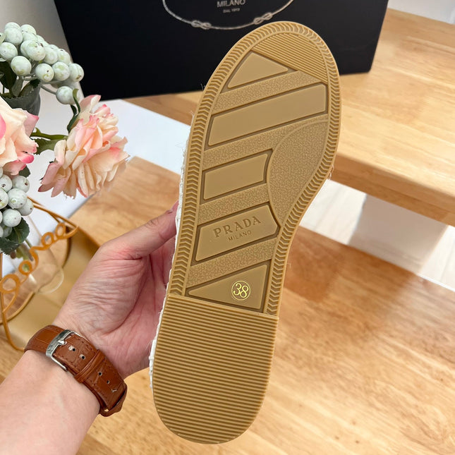 PRADA 26S EMBROIDERED LOGO ESPADRILLE FLATS IN IVORY WHITE MESH AND CALFSKIN