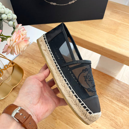 PRADA 26S EMBROIDERED LOGO ESPADRILLE FLATS IN BLACK MESH AND CALFSKIN