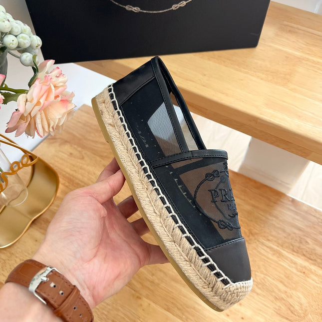 PRADA 26S EMBROIDERED LOGO ESPADRILLE FLATS IN BLACK MESH AND CALFSKIN