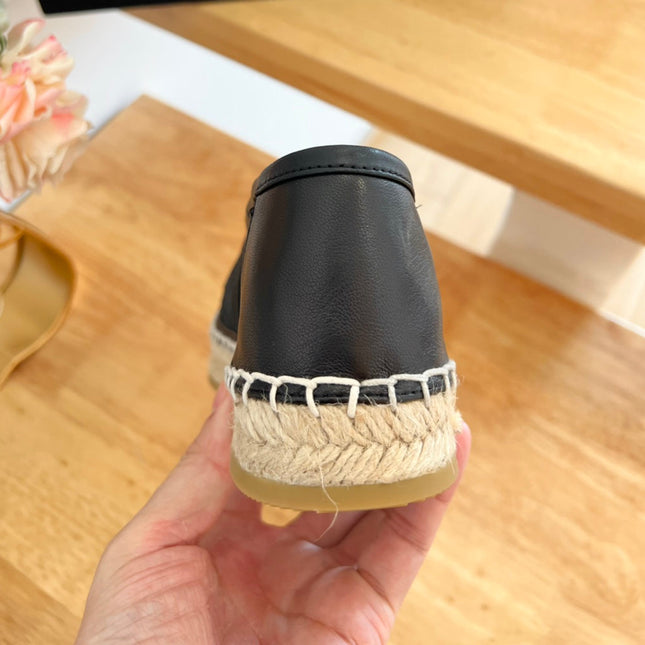 PRADA 26S EMBROIDERED LOGO ESPADRILLE FLATS IN BLACK MESH AND CALFSKIN