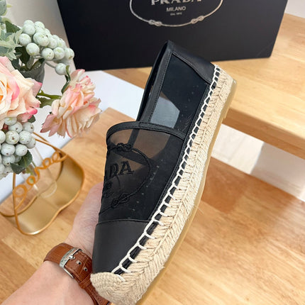 PRADA 26S EMBROIDERED LOGO ESPADRILLE FLATS IN BLACK MESH AND CALFSKIN