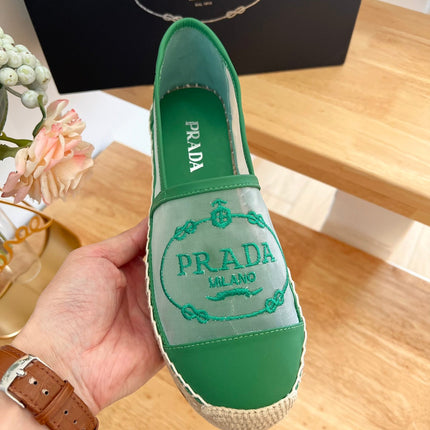 PRADA 26S EMBROIDERED LOGO ESPADRILLE FLATS IN GREEN MESH AND CALFSKIN