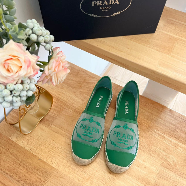 PRADA 26S EMBROIDERED LOGO ESPADRILLE FLATS IN GREEN MESH AND CALFSKIN