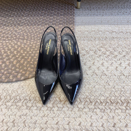 OPYUM BLACK HEEL SLINGBACK PUMPS IN BLACK GLOSSY CALFSKIN