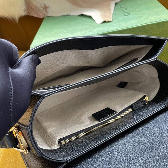 GG HORSEBIT 1955 SADDLE BAG 25 IN BLACK CANVAS AND CALFSKIN