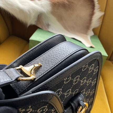 GG HORSEBIT 1955 SADDLE BAG 25 IN BLACK CANVAS AND CALFSKIN
