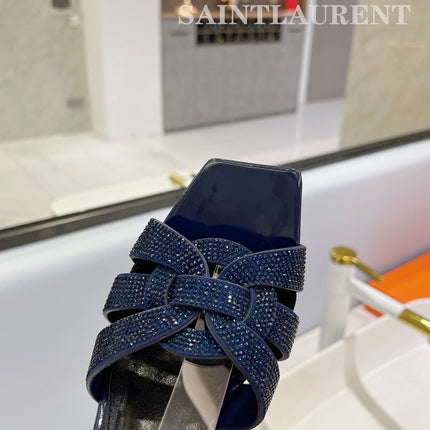 SL TRIBUTE CRYSTAL SANDALS GLOSSY NAVY CALFSKIN